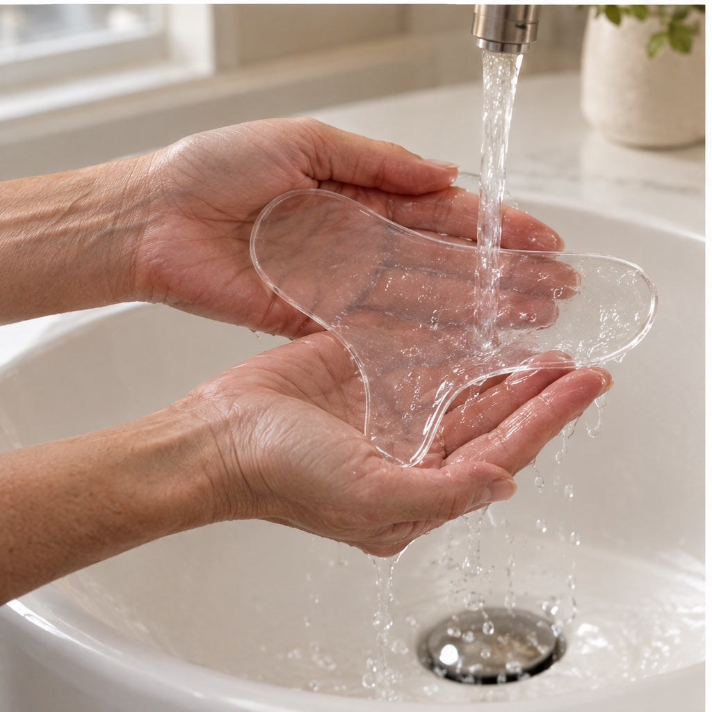 Rinsing the reusable chest patch under the tap