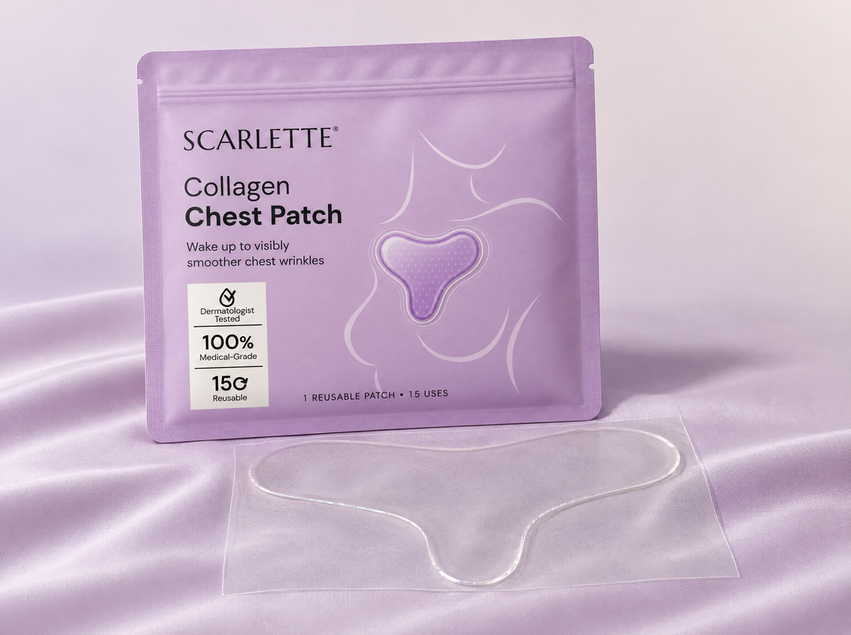Scarlette Collagen Chest Patch pouch with the clear patch on its liner